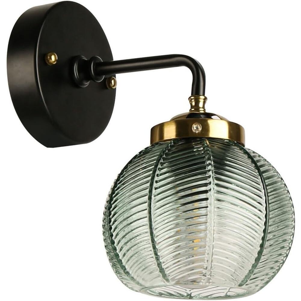 Qufute Vintage Green Glass Wall Sconce, Black Art Deco Vanity Light Fixture